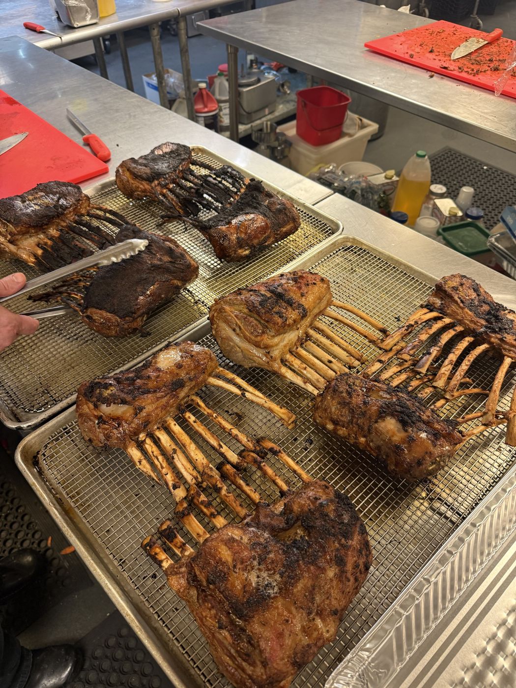 Racks of lamb chops resting on wire racks